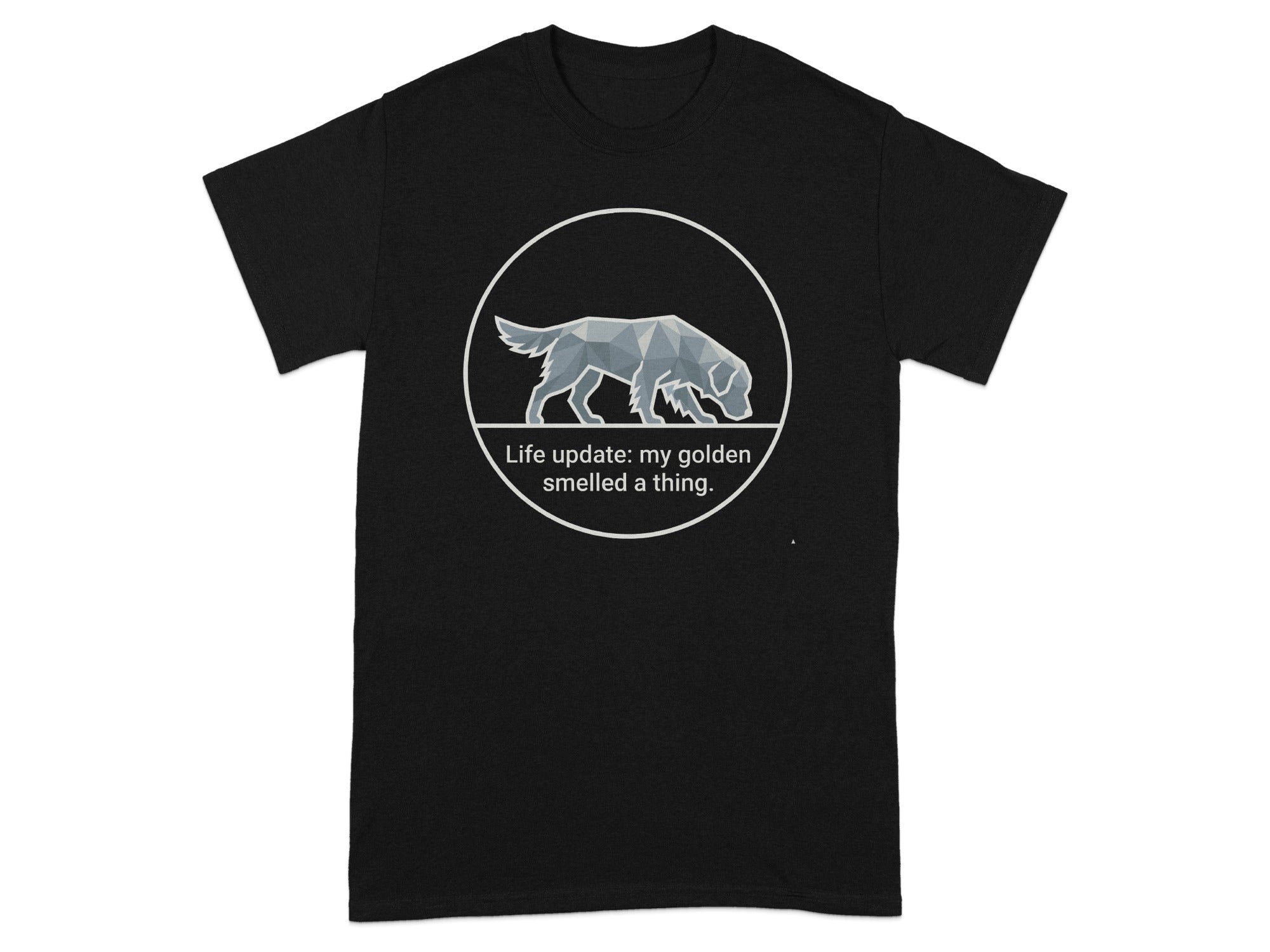 Black t-shirt with a geometric golden retriever graphic and text.