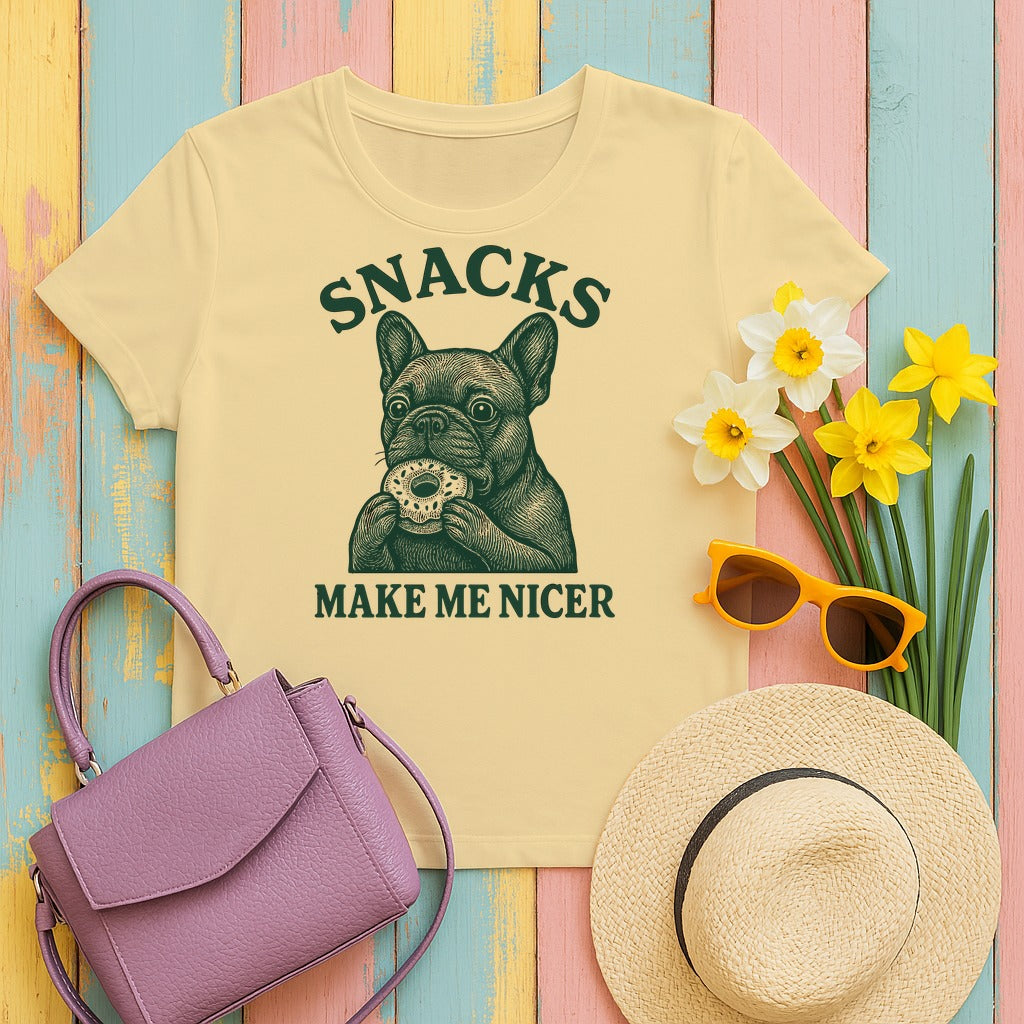 Snacks Make Me Nicer French Bulldog Lover Donut T-Shirt in Yellow Haze