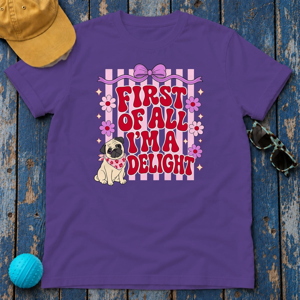 First Of All I'm A Delight Pug T-shirt in Lilac