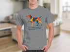 Grey t-shirt with a geometric dog illustration and text "feral little creature, perfectly formed".