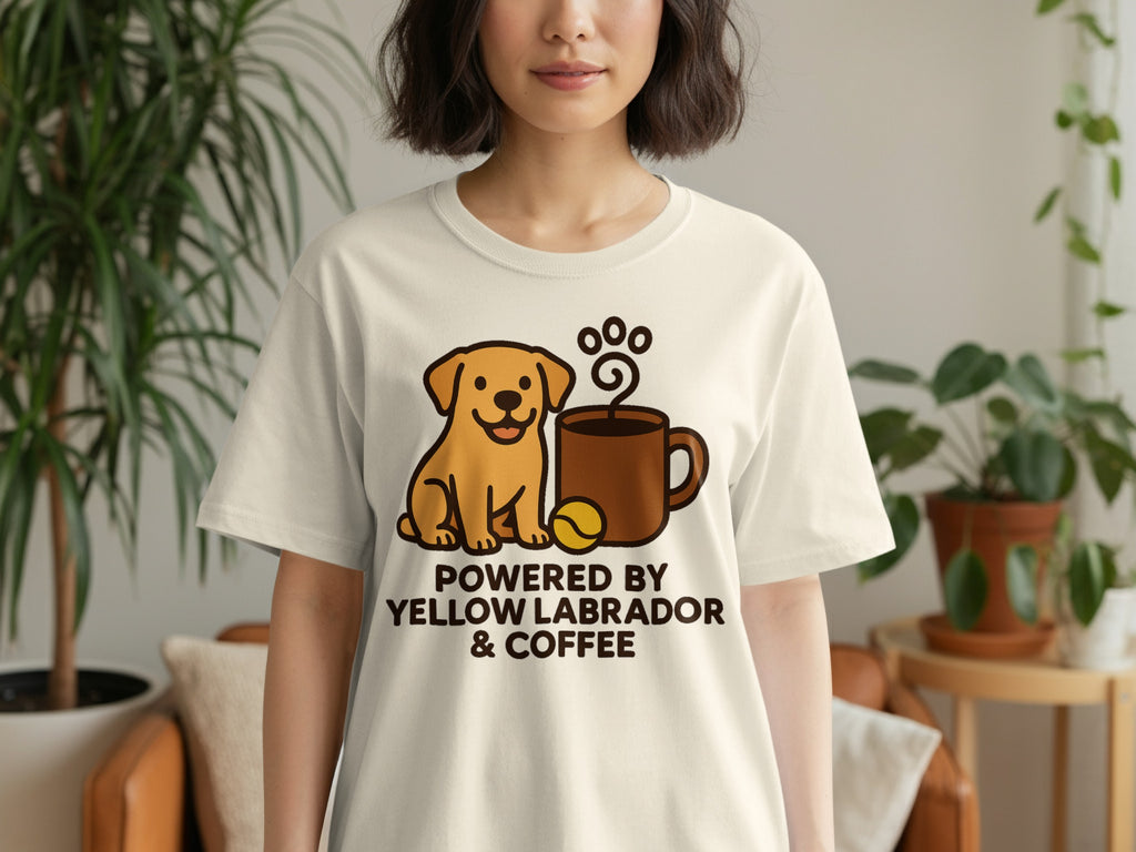 Yellow Labrador and coffee illustration on a cream t-shirt, text reads "Powered by Yellow Labrador & Coffee."