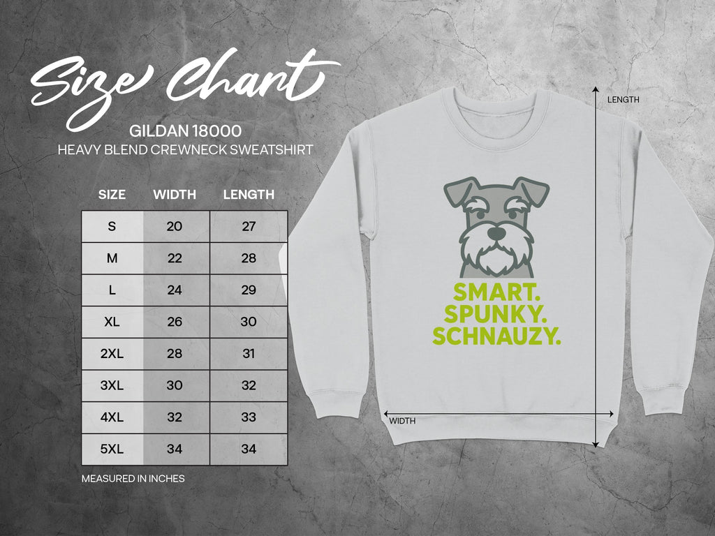 Size chart for Gildan 18000 sweatshirt with Schnauzer graphic.