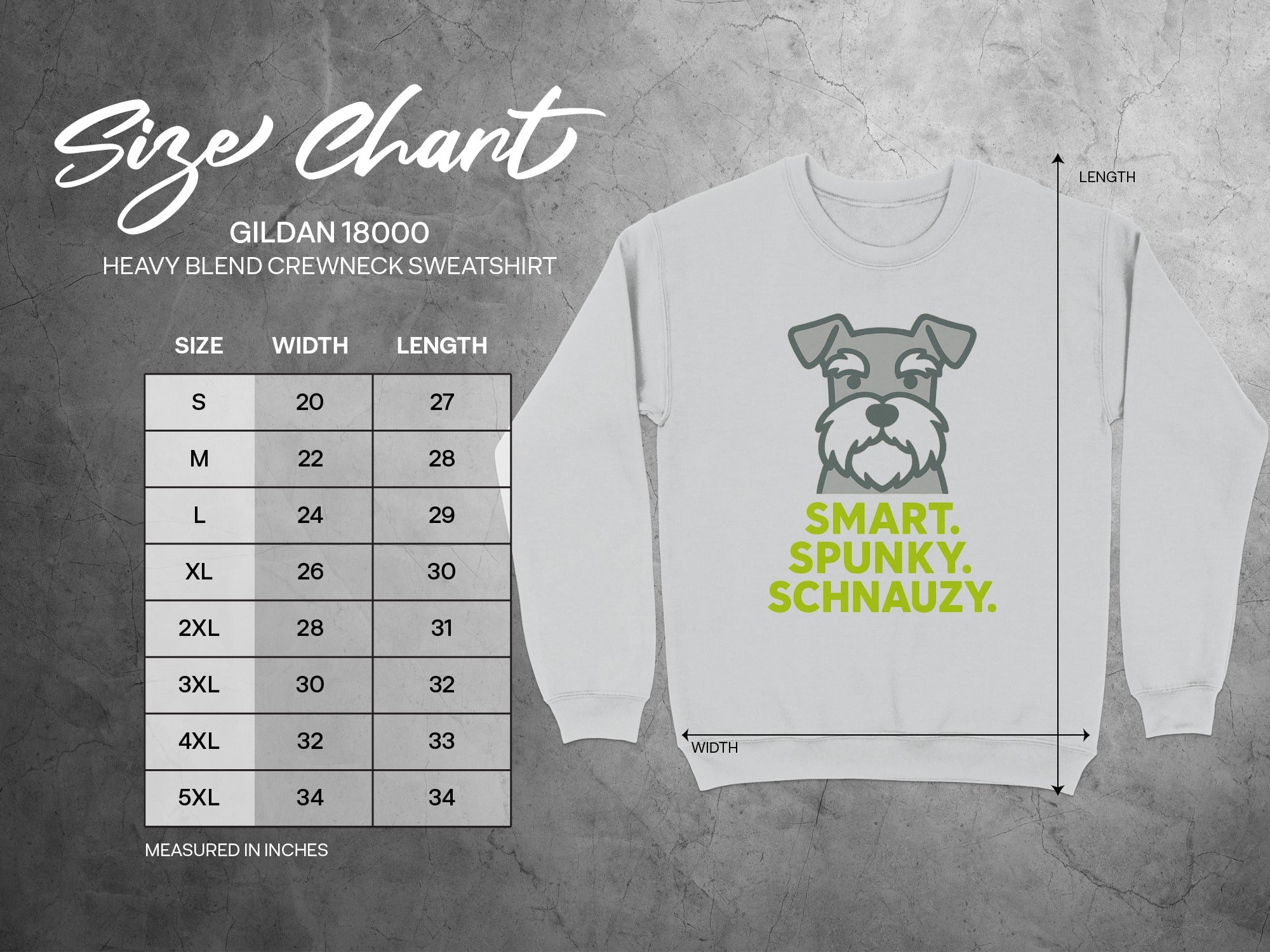 Size chart for Gildan 18000 sweatshirt with Schnauzer graphic.