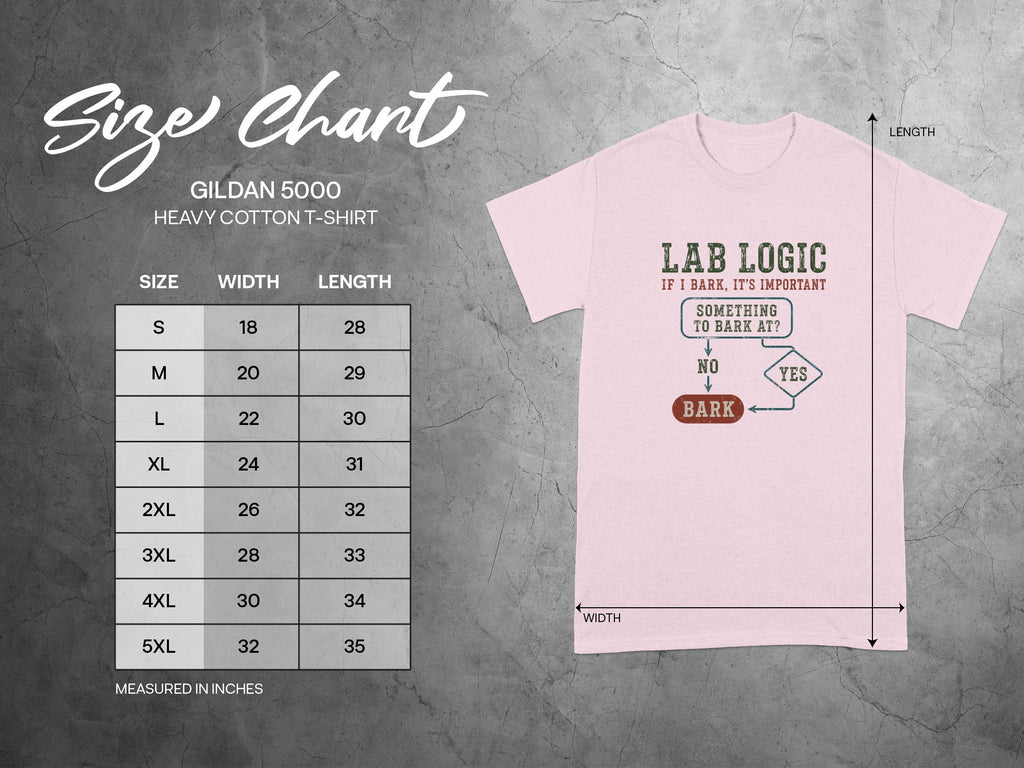 Gildan 5000 heavy cotton t-shirt size chart with measurements and a "Lab Logic" graphic.