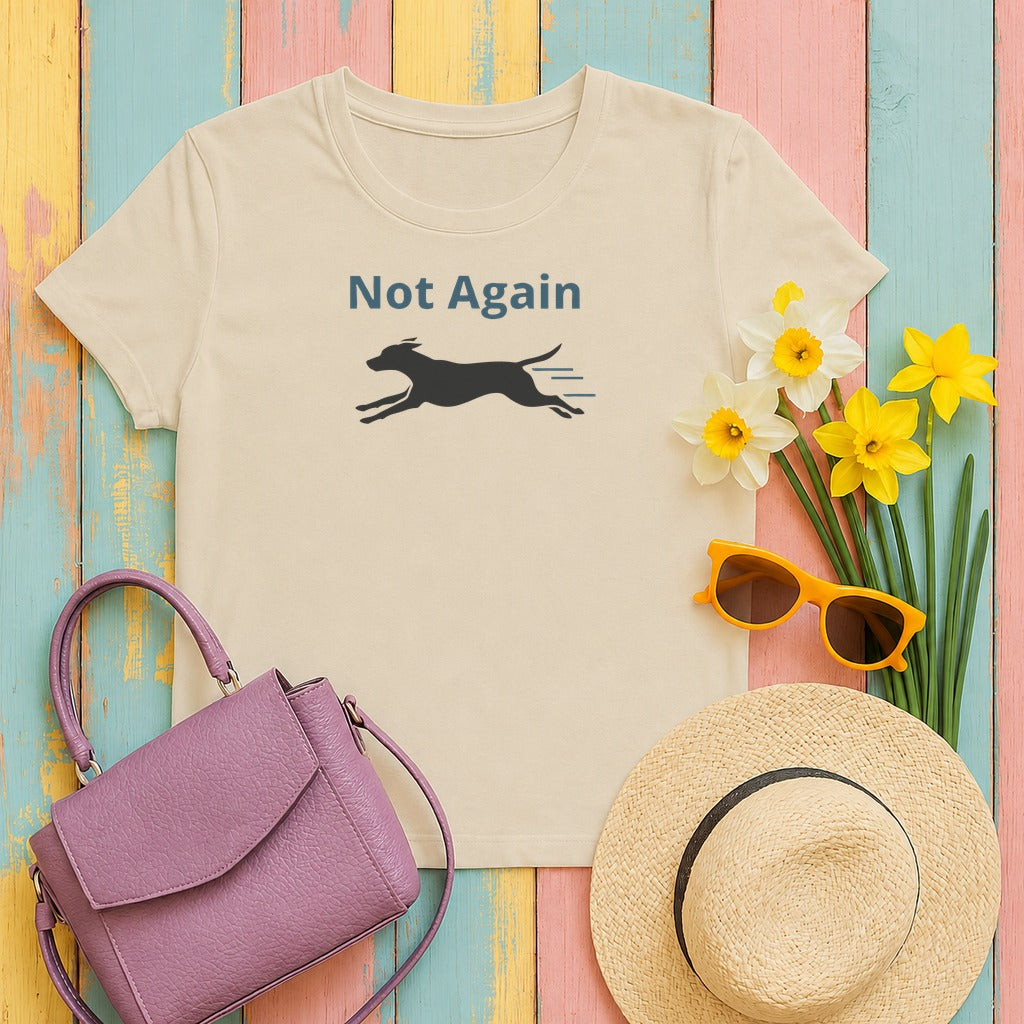 Mischievous Running Dog Not Again Design T-Shirt in Sand