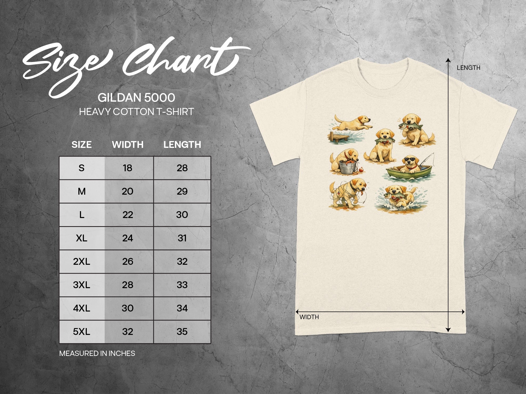 Size chart for Gildan 5000 Heavy Cotton T-Shirt with dog graphic.