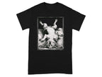 Black t-shirt with woodcut-style print of a dog lying on its back.