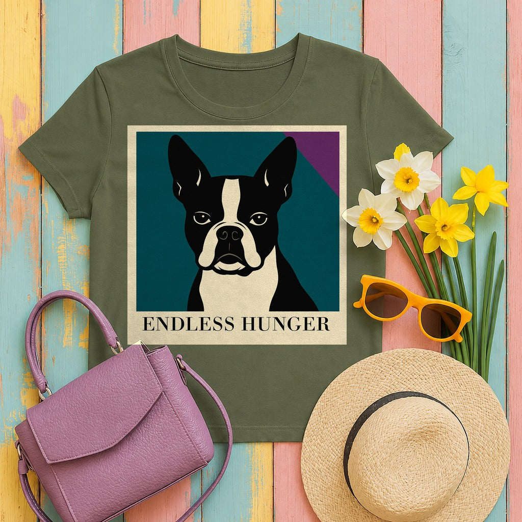 Endless Hunger Boston Terrier Pop Art T-Shirt in Military Green