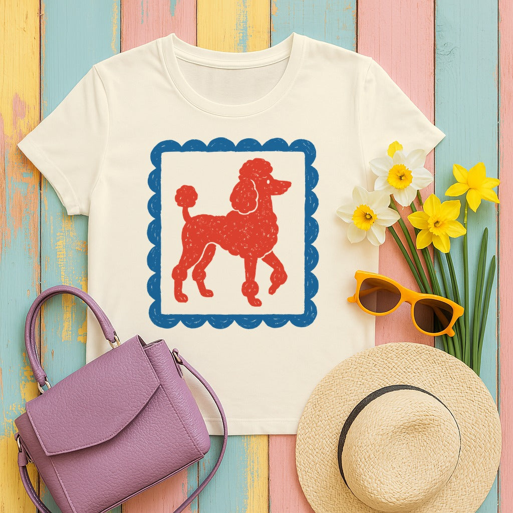 Cute Red Poodle Stamp Style Design in Blue Frame T-Shirt in Natural