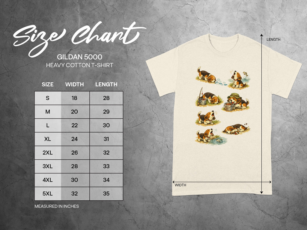 Gildan 5000 heavy cotton t-shirt size chart with width and length measurements.
