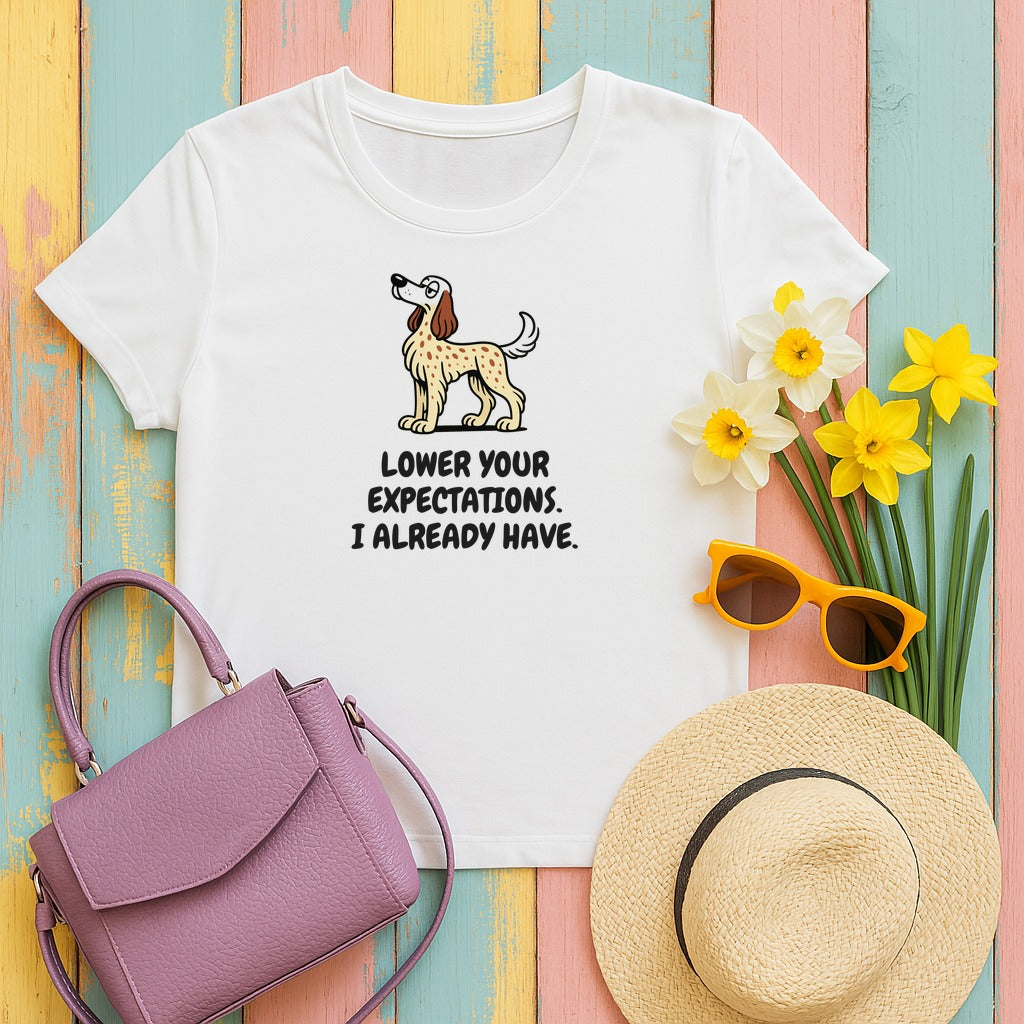 English Setter Lower Your Expectations Tee in White