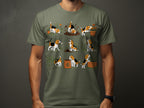 Nine cartoon beagles are shown in various gardening poses on a green t-shirt.