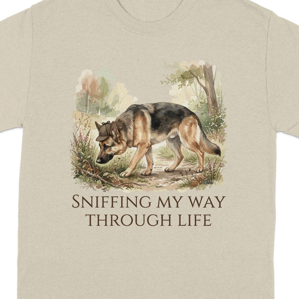 German Shepherd sniffing in a wooded area with text "Sniffing My Way Through Life".