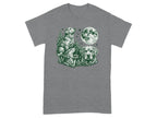 Three dogs under a full moon with pine trees and stars in green ink.
