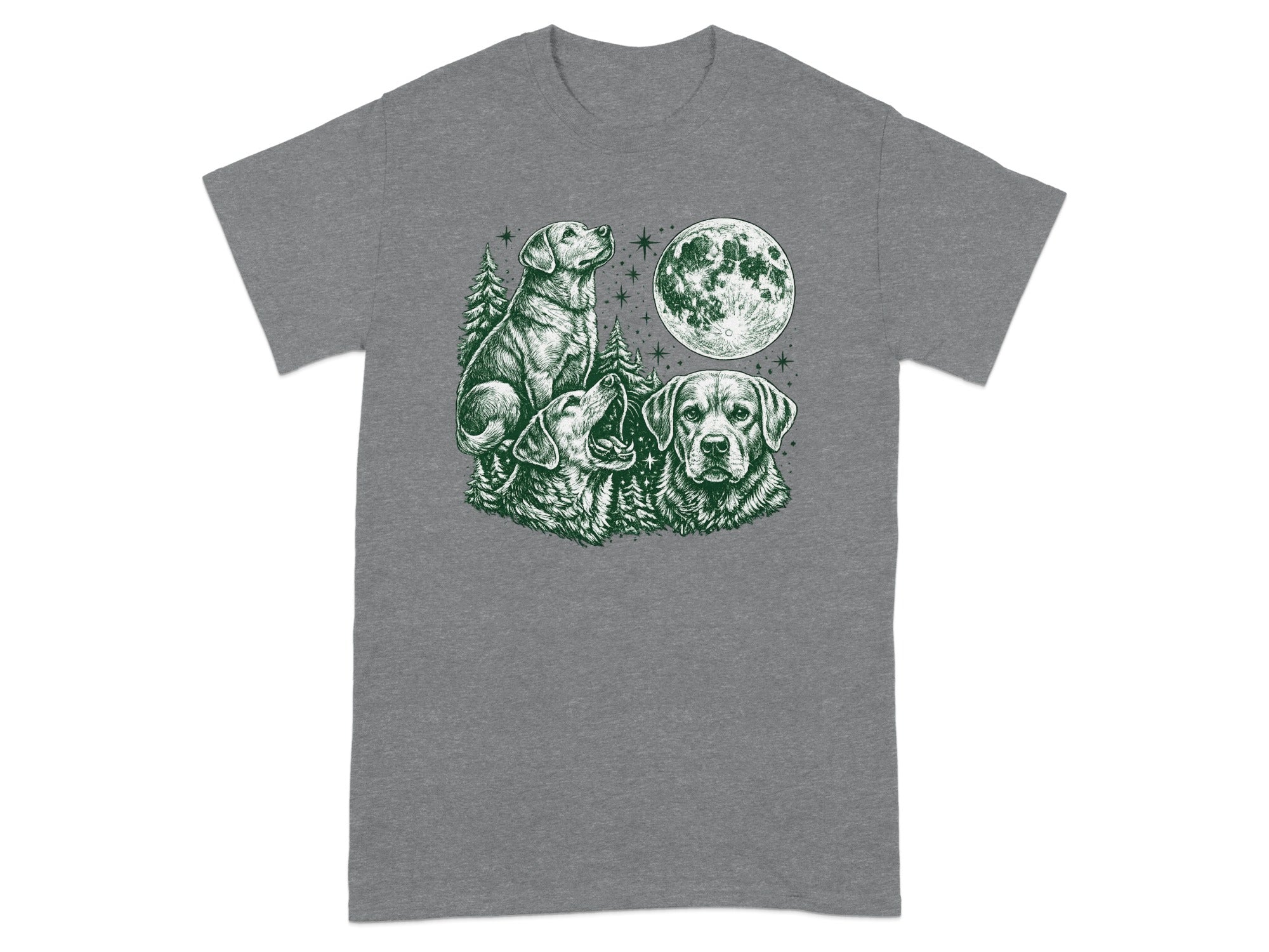 Three dogs under a full moon with pine trees and stars in green ink.