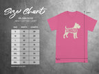 Gildan 5000 heavy cotton t-shirt size chart with schnauzer graphic.