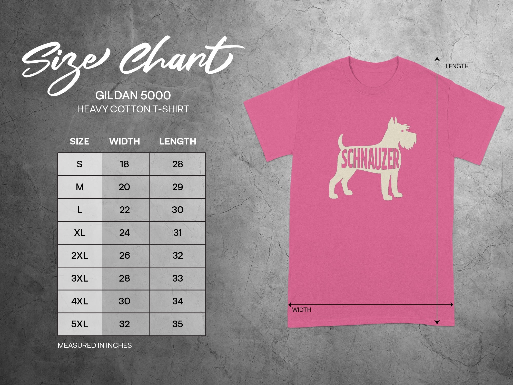 Gildan 5000 heavy cotton t-shirt size chart with schnauzer graphic.