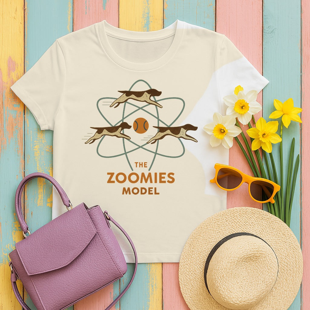 German Shorthaired Pointer Zoomies Atomic Model Tee styled flat lay on Natural