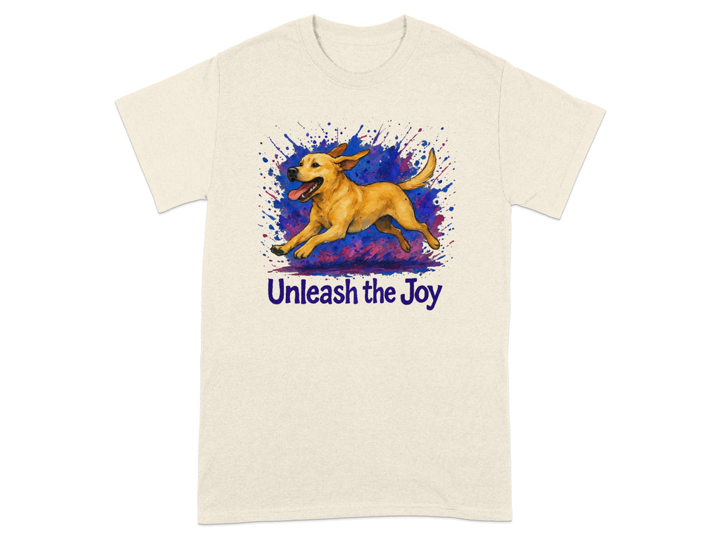 T-shirt with a running yellow lab and the text "Unleash the Joy".