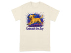 T-shirt with a running yellow lab and the text "Unleash the Joy".