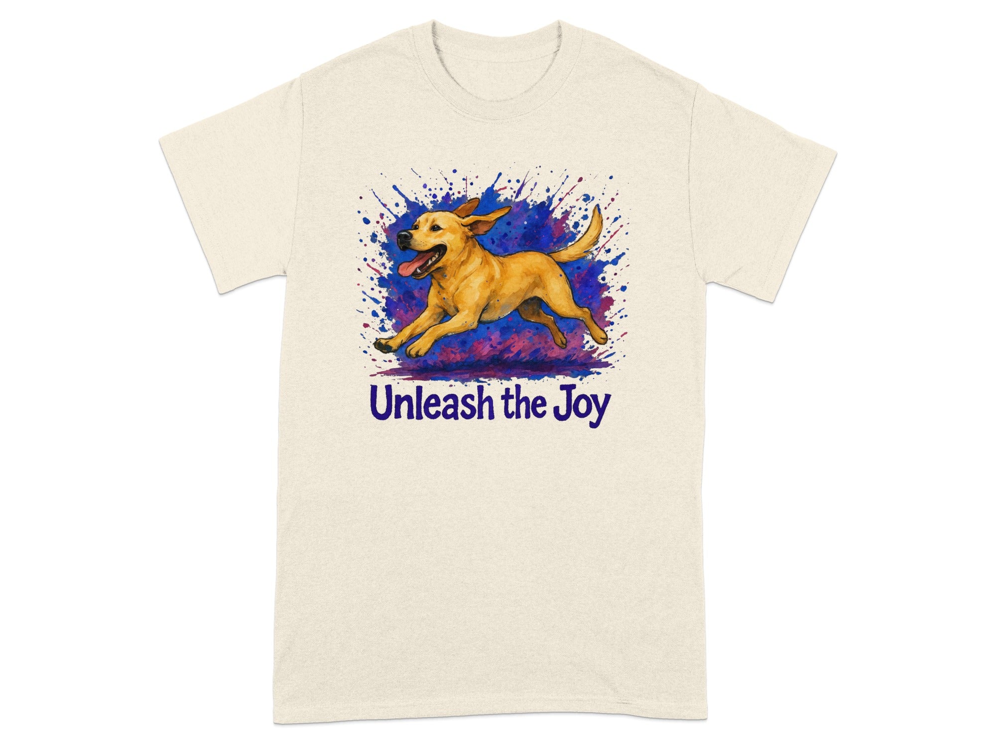 T-shirt with a running yellow lab and the text "Unleash the Joy".