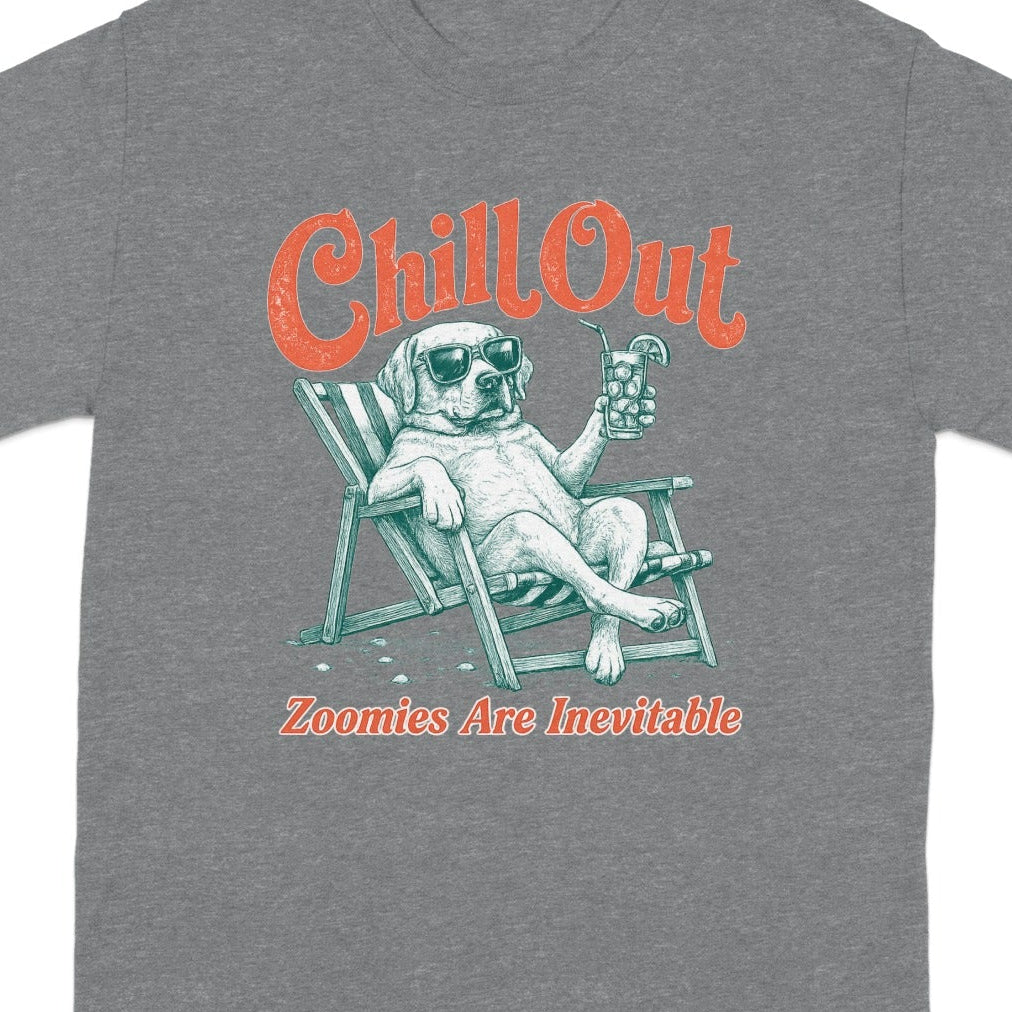 Dog in sunglasses relaxing on a beach chair with "Chill Out" text.