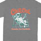 Dog in sunglasses relaxing on a beach chair with "Chill Out" text.