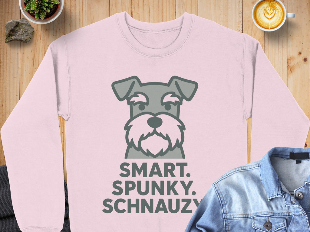 Light pink sweatshirt with a gray schnauzer dog face and text "SMART. SPUNKY. SCHNAUZY."