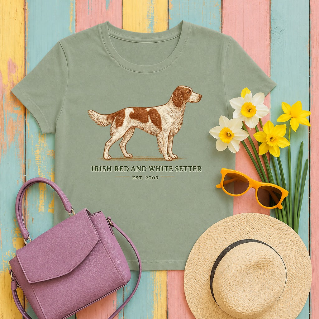 Irish Red and White Setter Engraved Plate Tee in Sage