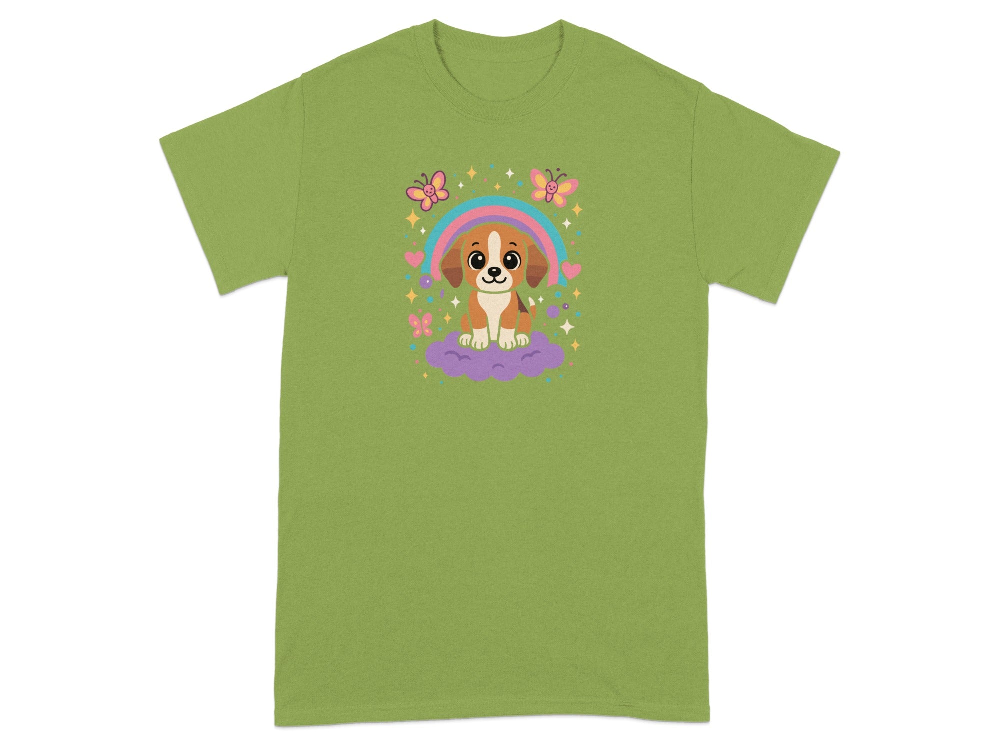 Cute Cartoon Puppy with Rainbow and Butterflies Shirt