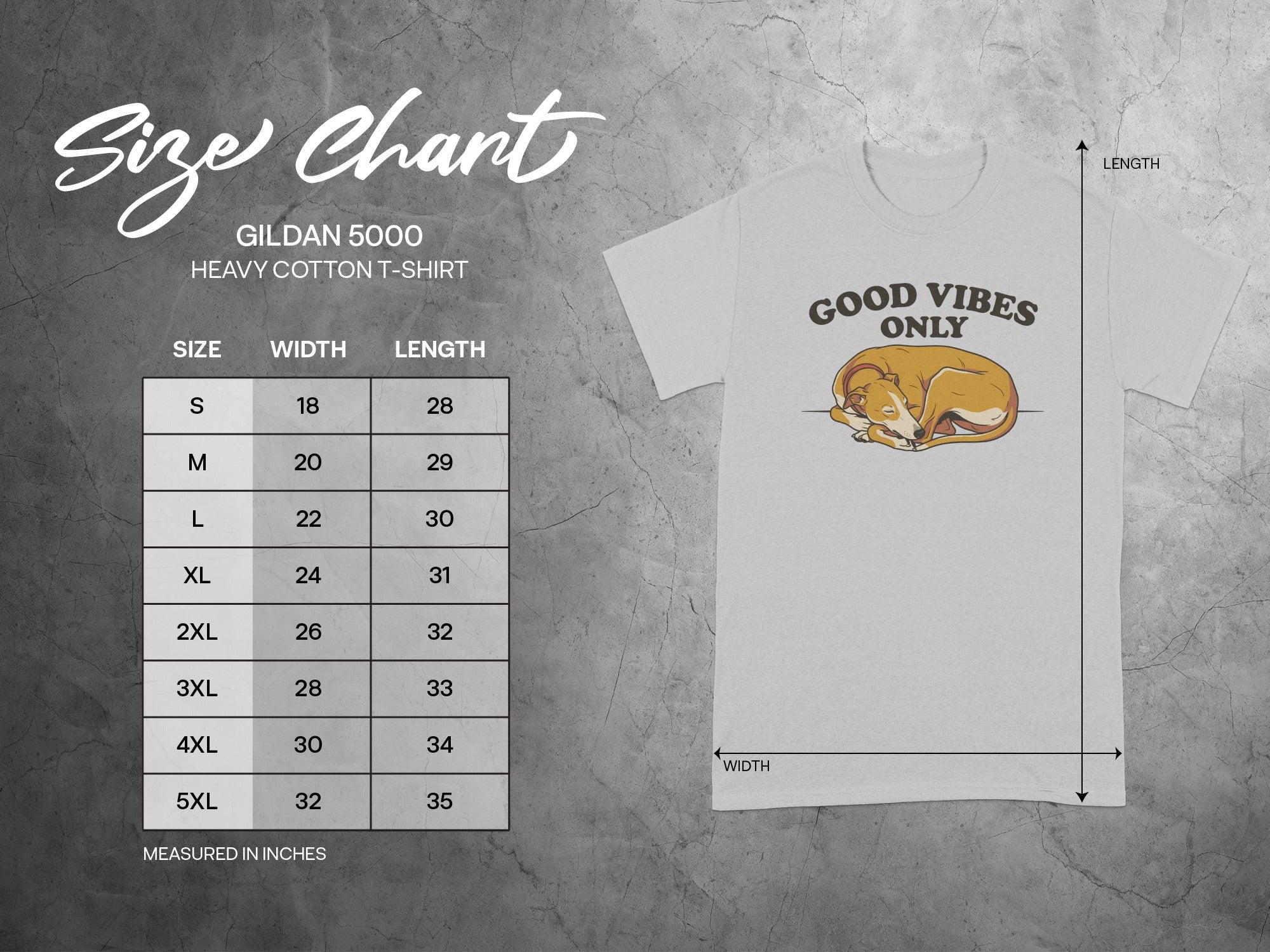 Gildan 5000 heavy cotton t-shirt size chart with width and length measurements.