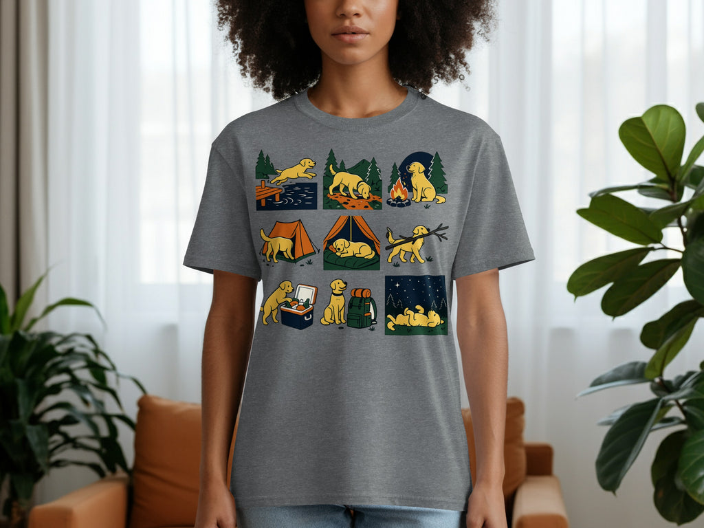 Gray t-shirt with nine cartoon panels of yellow dogs camping and enjoying outdoor activities.