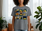 Gray t-shirt with nine cartoon panels of yellow dogs camping and enjoying outdoor activities.
