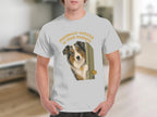 Australian Shepherd peeking through a door with text "Personally Invested In Your Business."