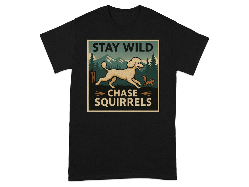 Black t-shirt with a graphic of a poodle chasing squirrels in a forest setting.