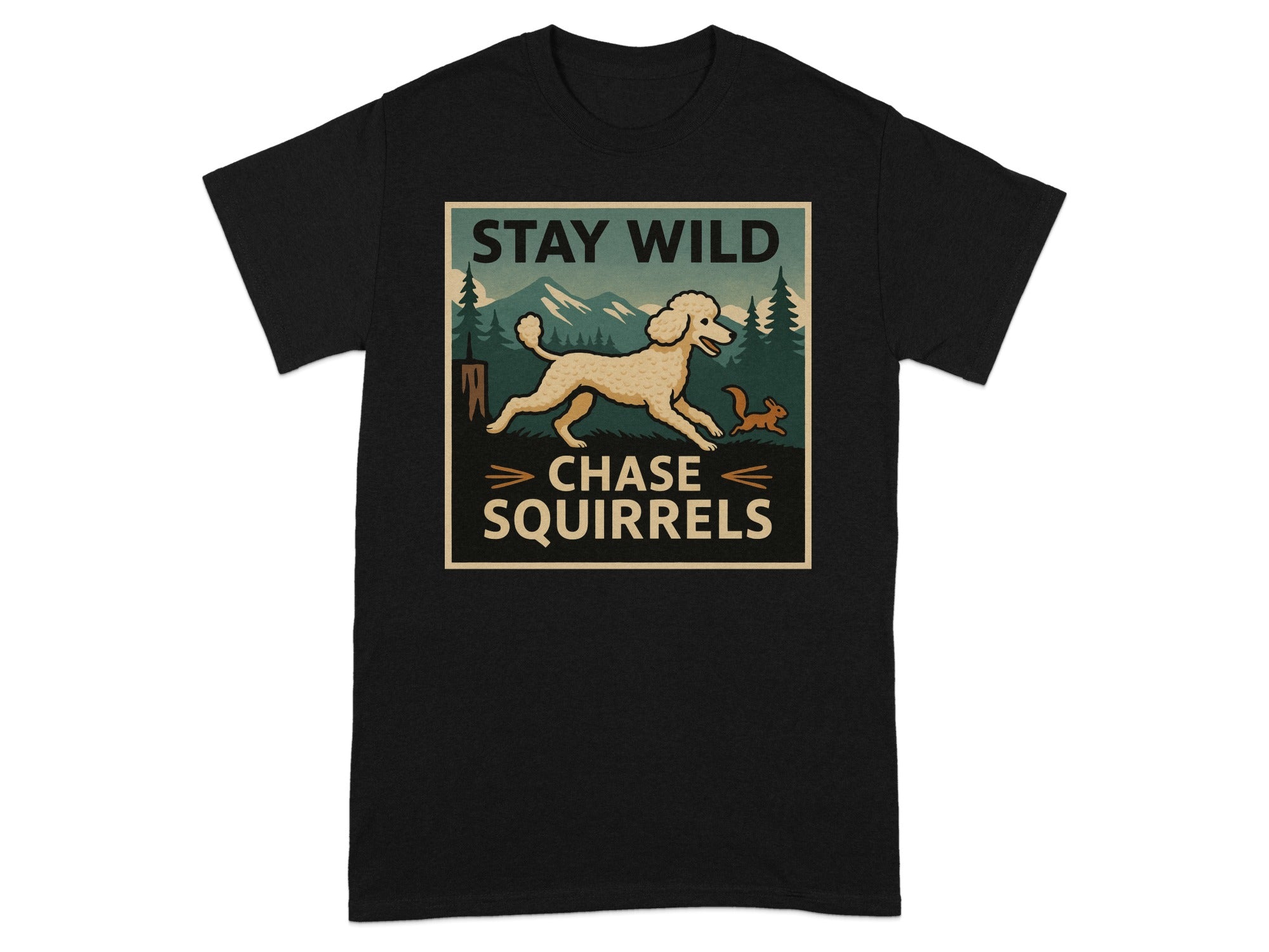 Black t-shirt with a graphic of a poodle chasing squirrels in a forest setting.