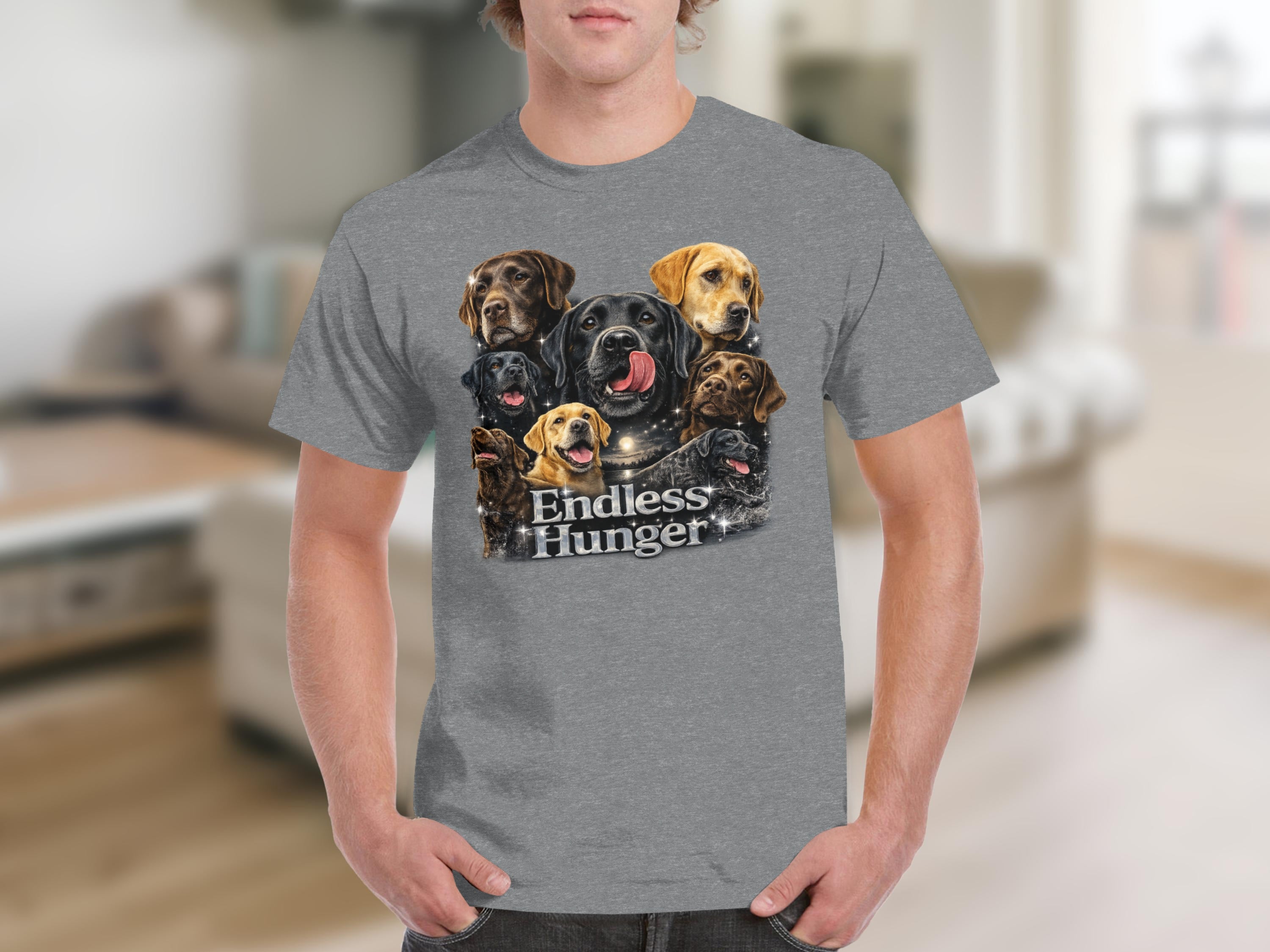 Grey t-shirt with a graphic of multiple Labrador Retriever dogs and the text "Endless Hunger".