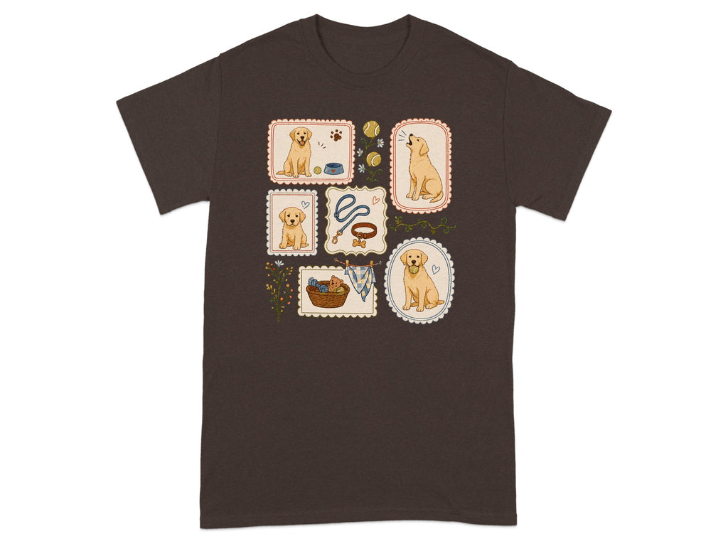 T-shirt with six framed illustrations of golden retriever puppies and dog accessories.
