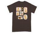 T-shirt with six framed illustrations of golden retriever puppies and dog accessories.