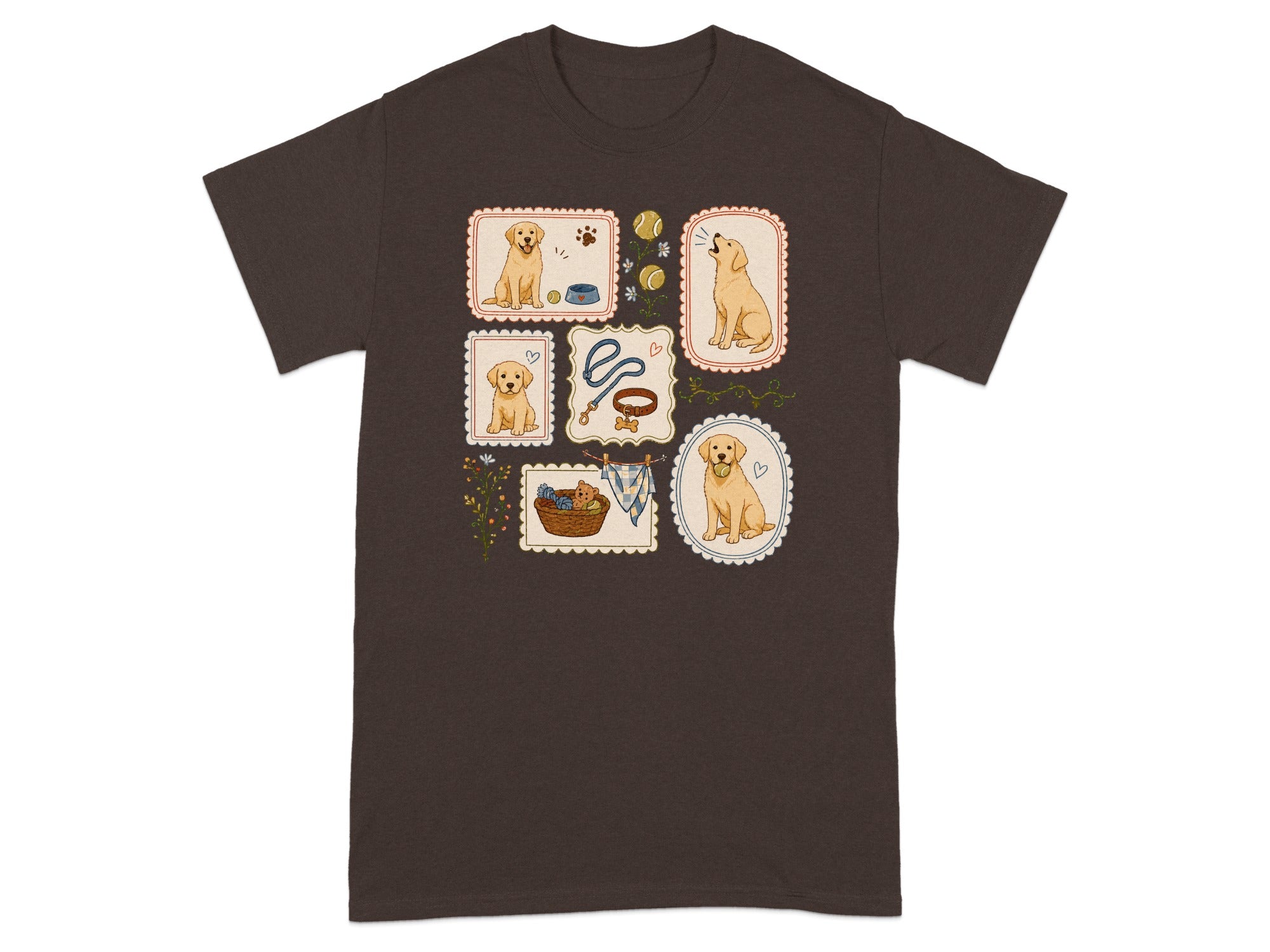 T-shirt with six framed illustrations of golden retriever puppies and dog accessories.