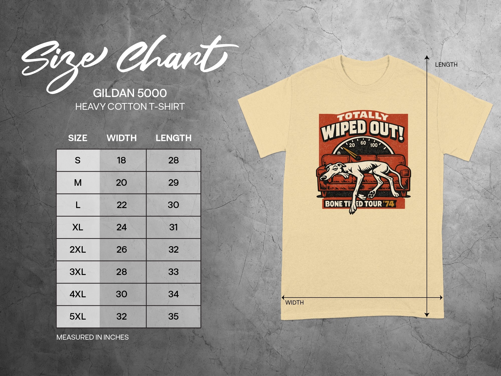 Gildan 5000 size chart with t-shirt graphic and 'Totally Wiped Out!' text.