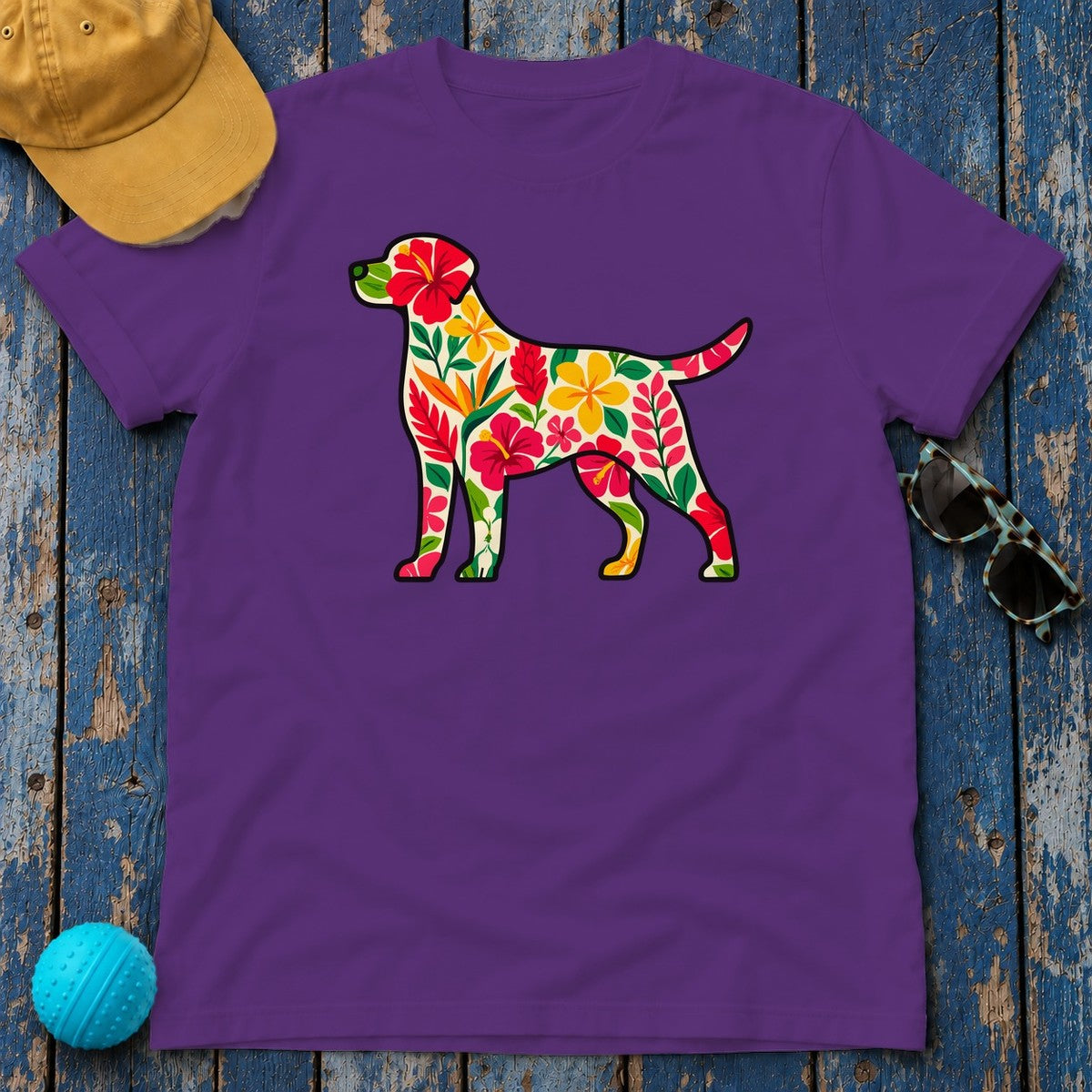 Floral Labrador with Hawaiian Flowers T-Shirt in Purple