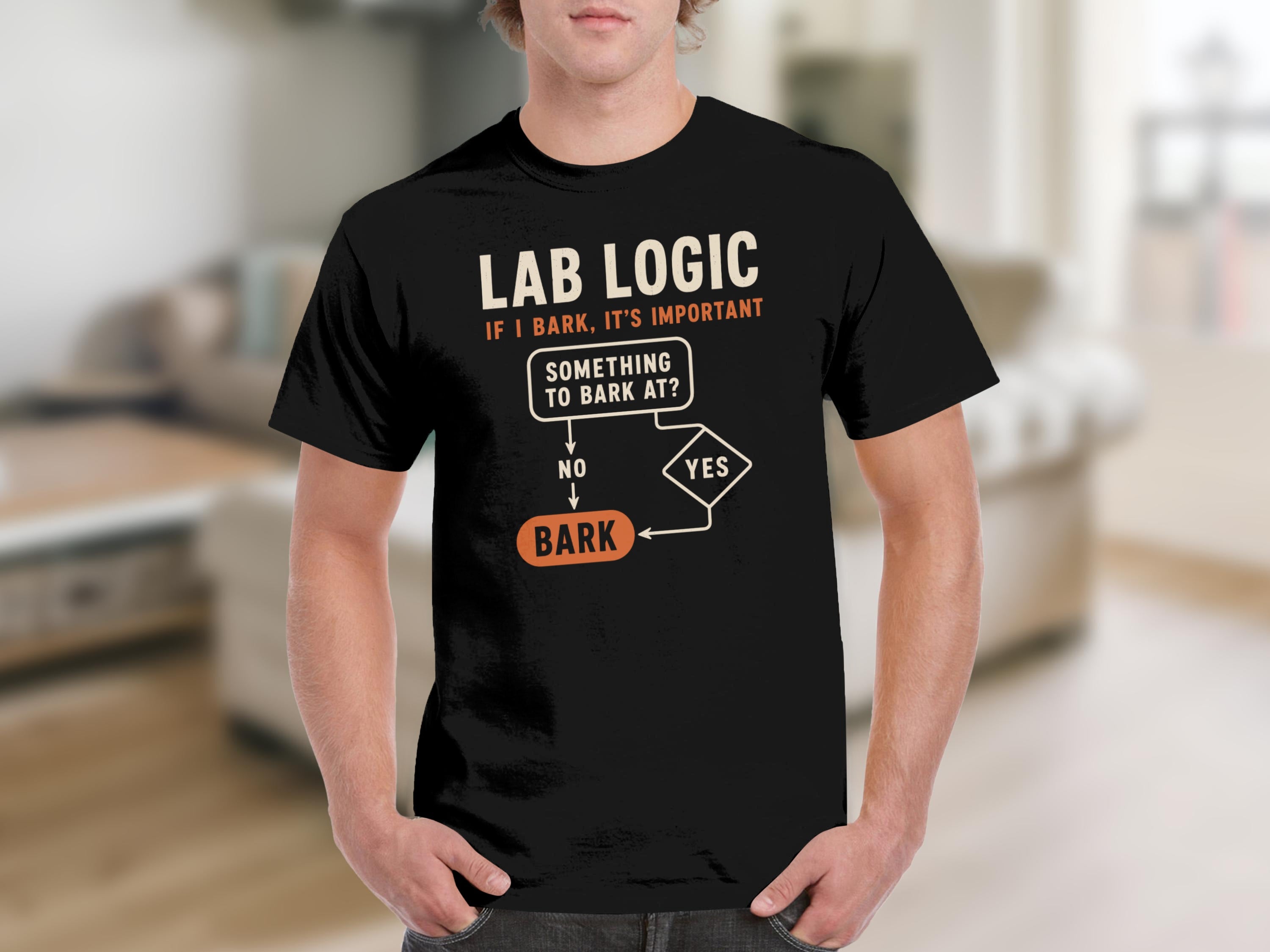 Black t-shirt with "Lab Logic" flowchart about barking.