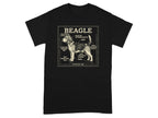 T-shirt with diagram labeling parts of a beagle like "Treat-Seeking Optical Sensors".