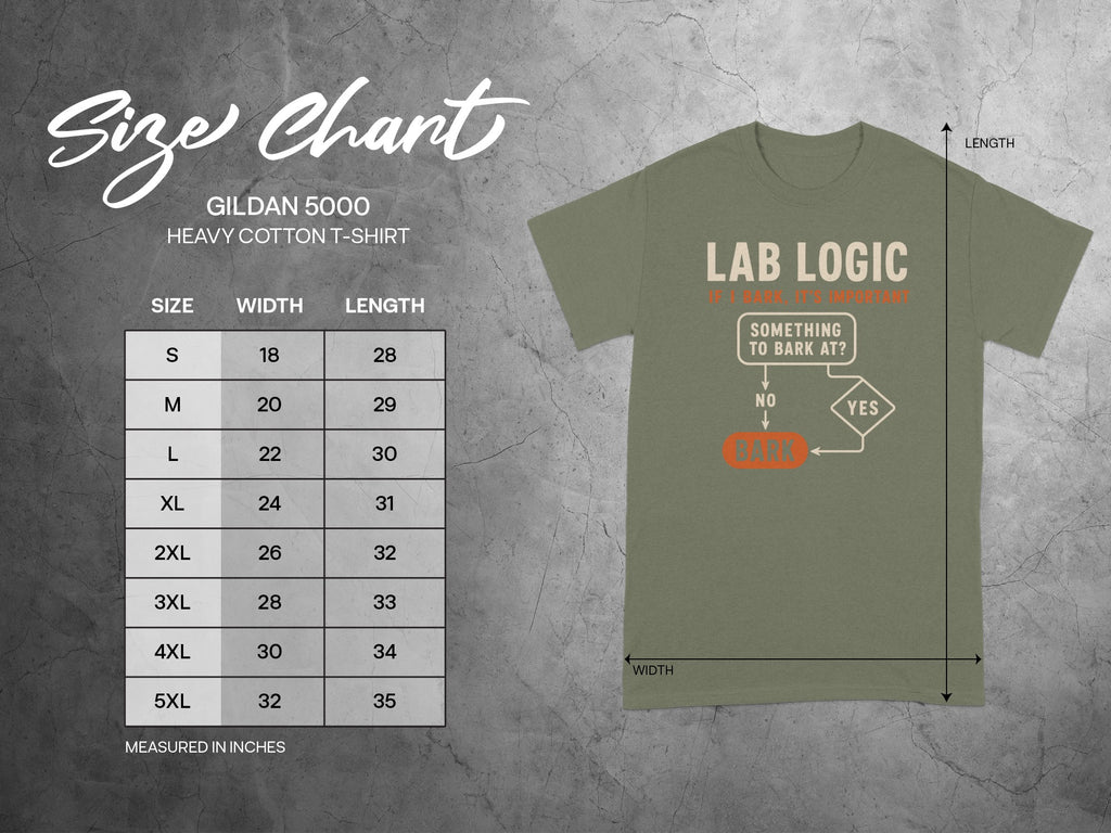 Gildan 5000 heavy cotton t-shirt size chart with diagram.