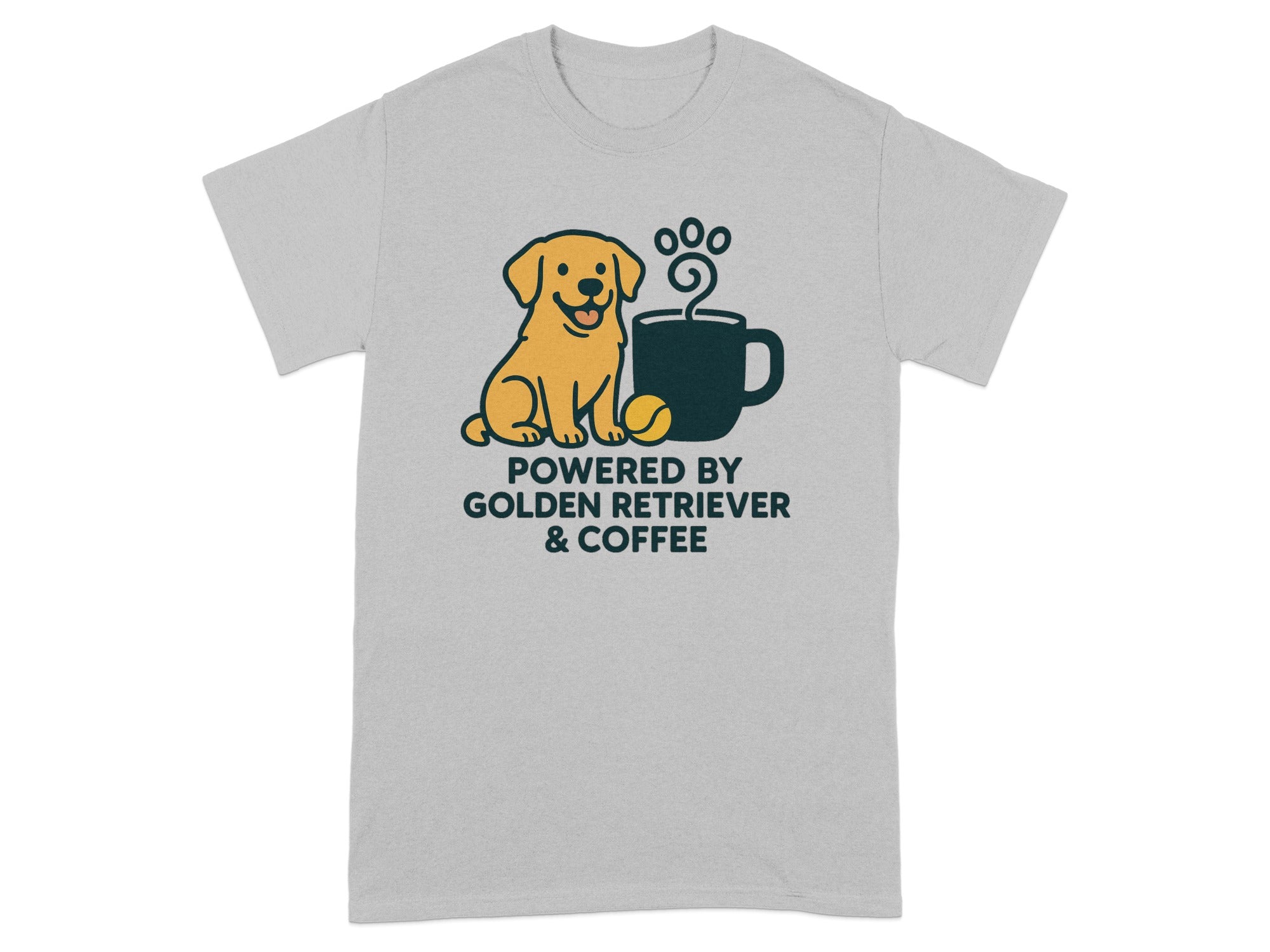 Grey t-shirt with a Golden Retriever, coffee mug, and text "Powered by Golden Retriever & Coffee".