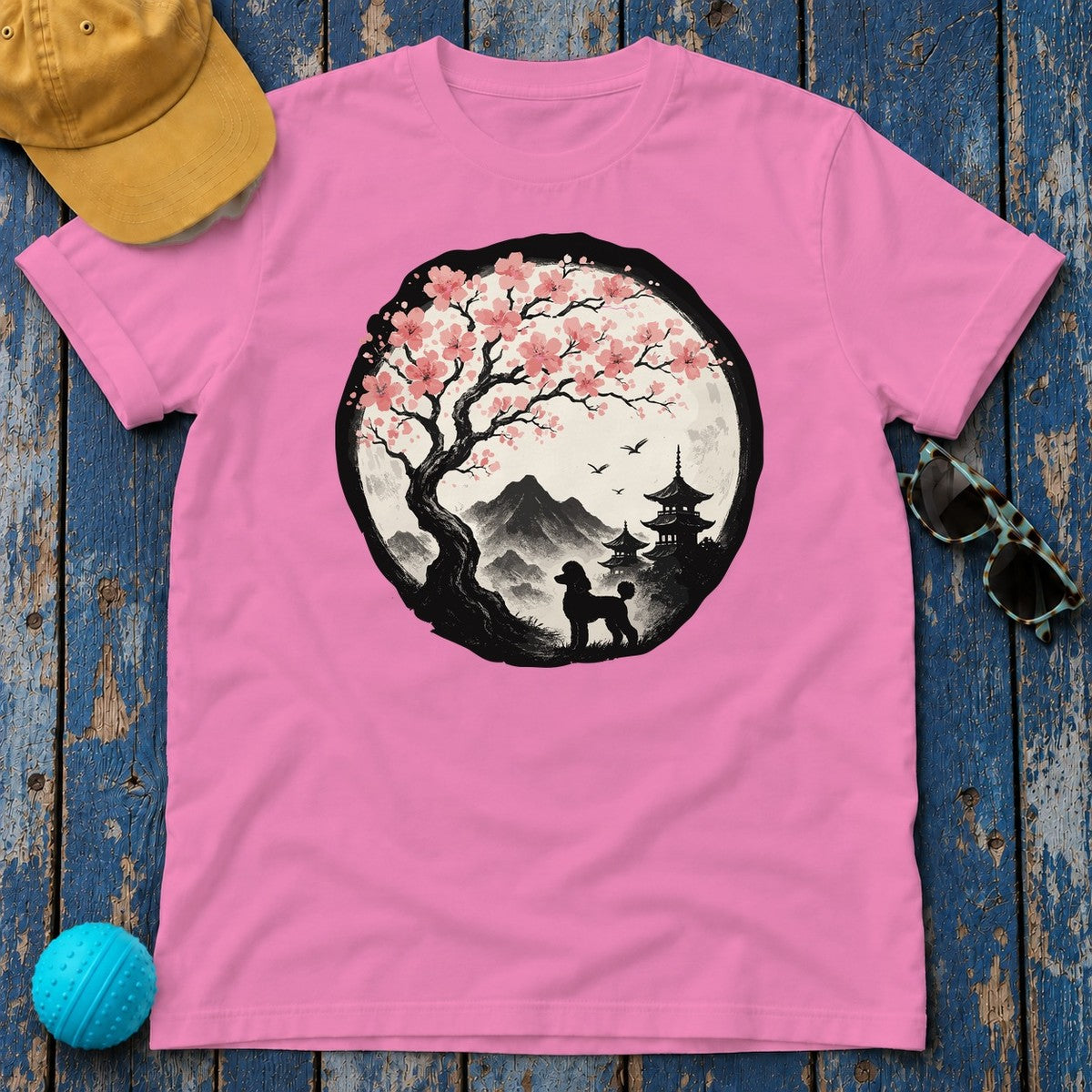 Asian Landscape With Poodle Silhouette T-Shirt in Azalea