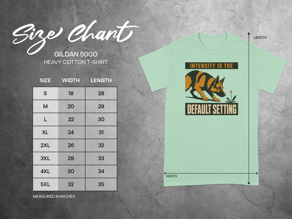 Gildan 5000 t-shirt size chart with width and length measurements.