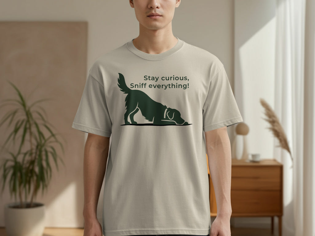 Light grey t-shirt with a silhouette of a dog sniffing the ground and text.