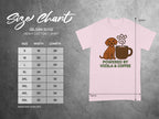 Gildan 5000 T-shirt size chart with dog and coffee mug graphic.